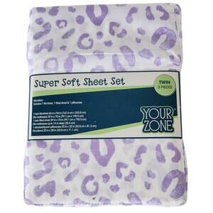 Your Zone Super Soft Sheet Set Twin 3- Piece Purple Leopard Print Microfiber NEW